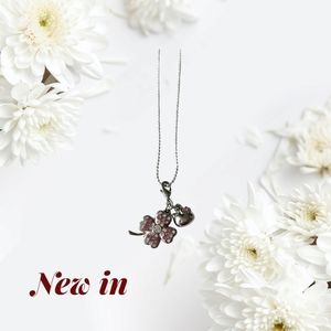 Sanrio Lucky Pink & White Rhinestone Clover Charm / Pendant Necklace
